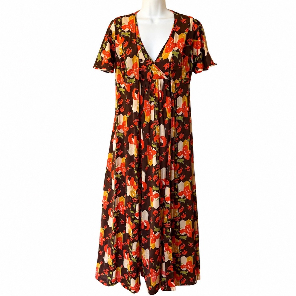 Vintage Handmade 70s Floral Maxi Dress‎ and Cardigan Set Brown Orange Retro Boho